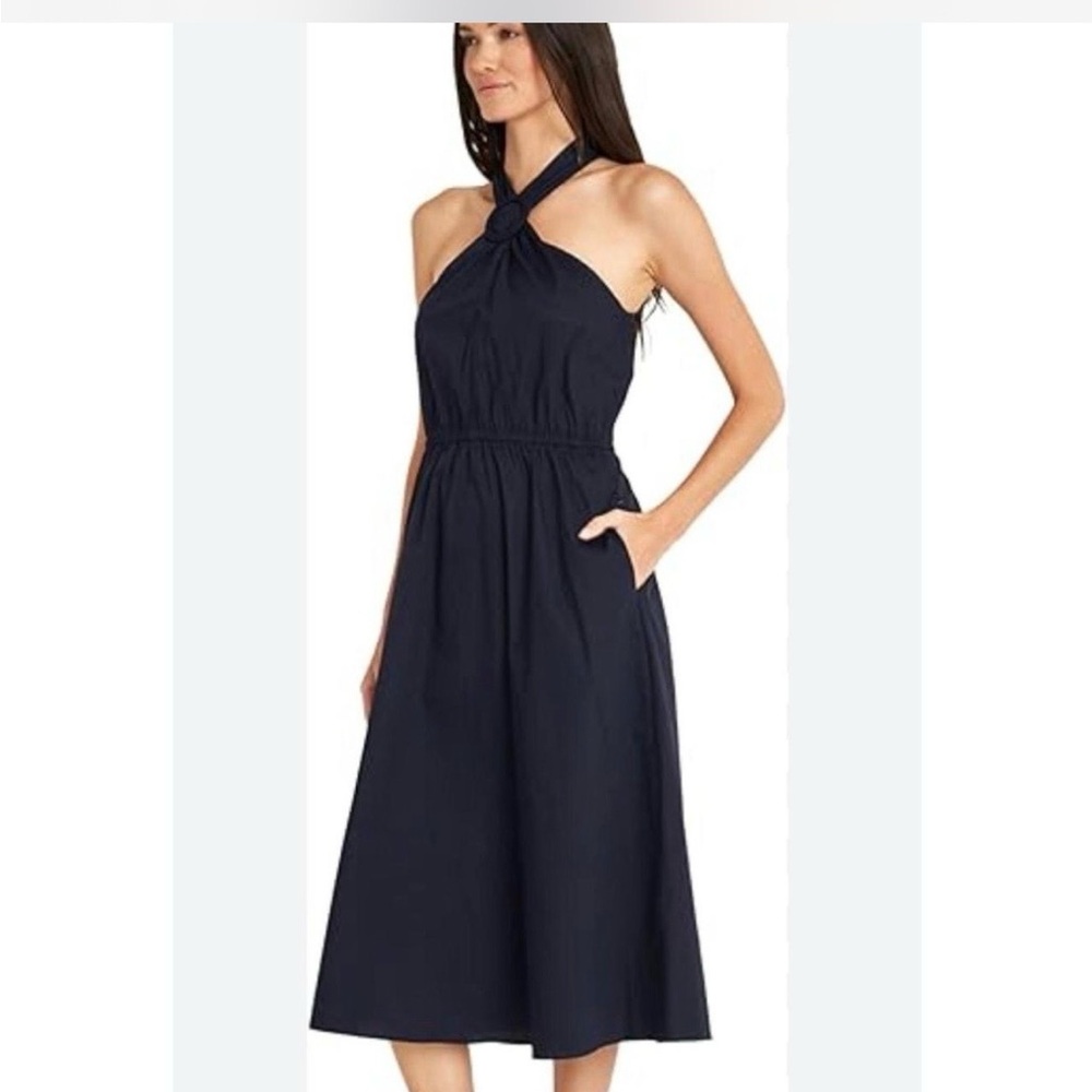 Maggy London Navy Halter Midi Dress with Knot Neck